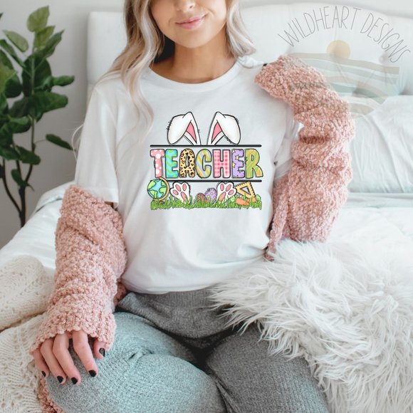Teacher Easter Bunny Graphic T-shirt Easter Shirt - Picture 2 of 4